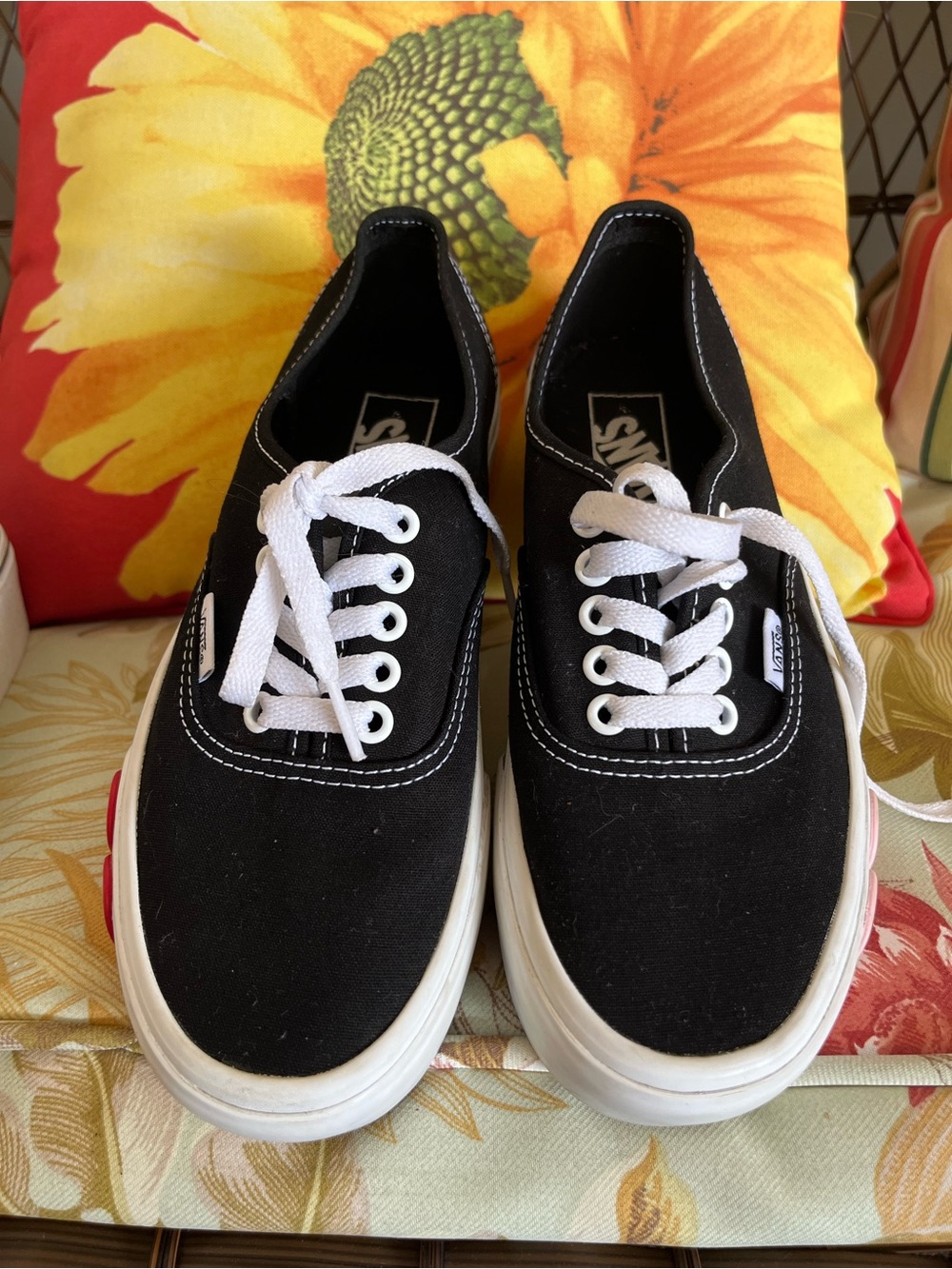Vans Black Canvas Platform Sneakers with Pink Flower Detail - Picture 7 of 9